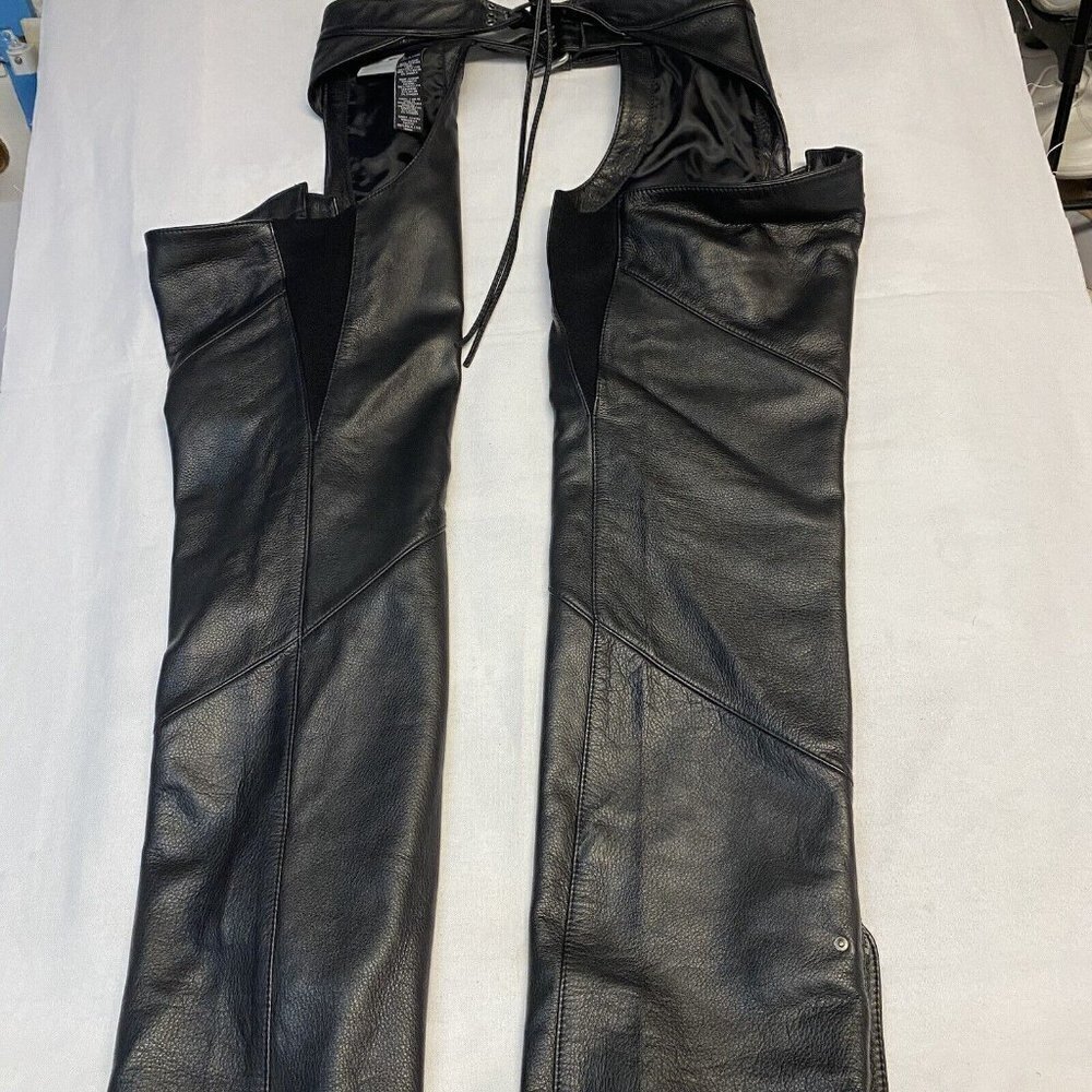 Harley-Davidson Women's Deluxe Leather Motorcycle Chaps Black Large Petite EUC‍﻿ - Picture 2 of 8